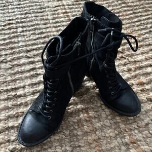 Born Women's Cass Lace-Up Block Heel Ankle Boots Black Leather Side Zip- Size7